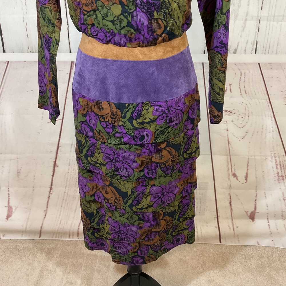 Vintage Act I New York Dress 7/8 Floral Print Blouson Suede Waist Tiered Modest - Picture 4 of 16